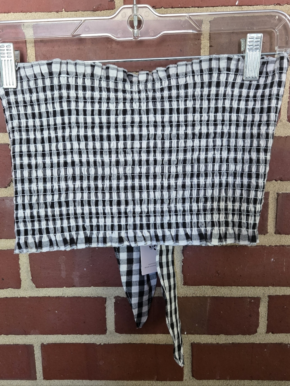 NWT Sincerely Jules Gingham Smocked Tube Top Black White Tie Front Size Large - Picture 4 of 5